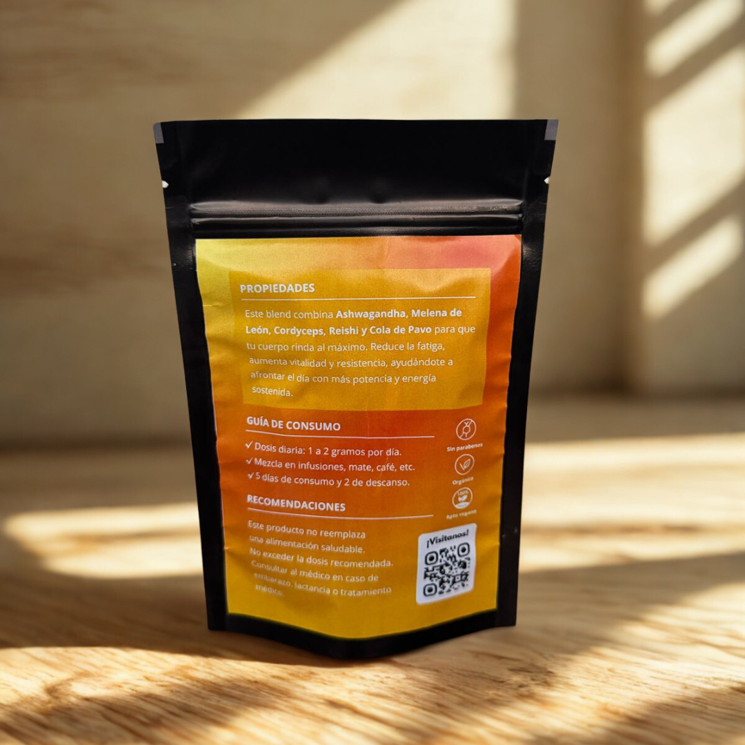 Blend Energético y de Rendimiento Físico: Cordyceps - Ashwagandha - Melena de león - Reishi - Cola de pavo