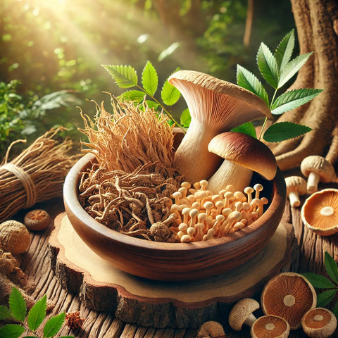 DALL·E 2024-10-24 12.40.37 - A wooden bowl containing three different types of adaptogens_ ashwagandha roots, lion's mane mushroom, and cordyceps mushroom. The bowl is placed in t.webp__PID:dd4c8aa5-e9fb-4cb2-9367-f90592eb5365